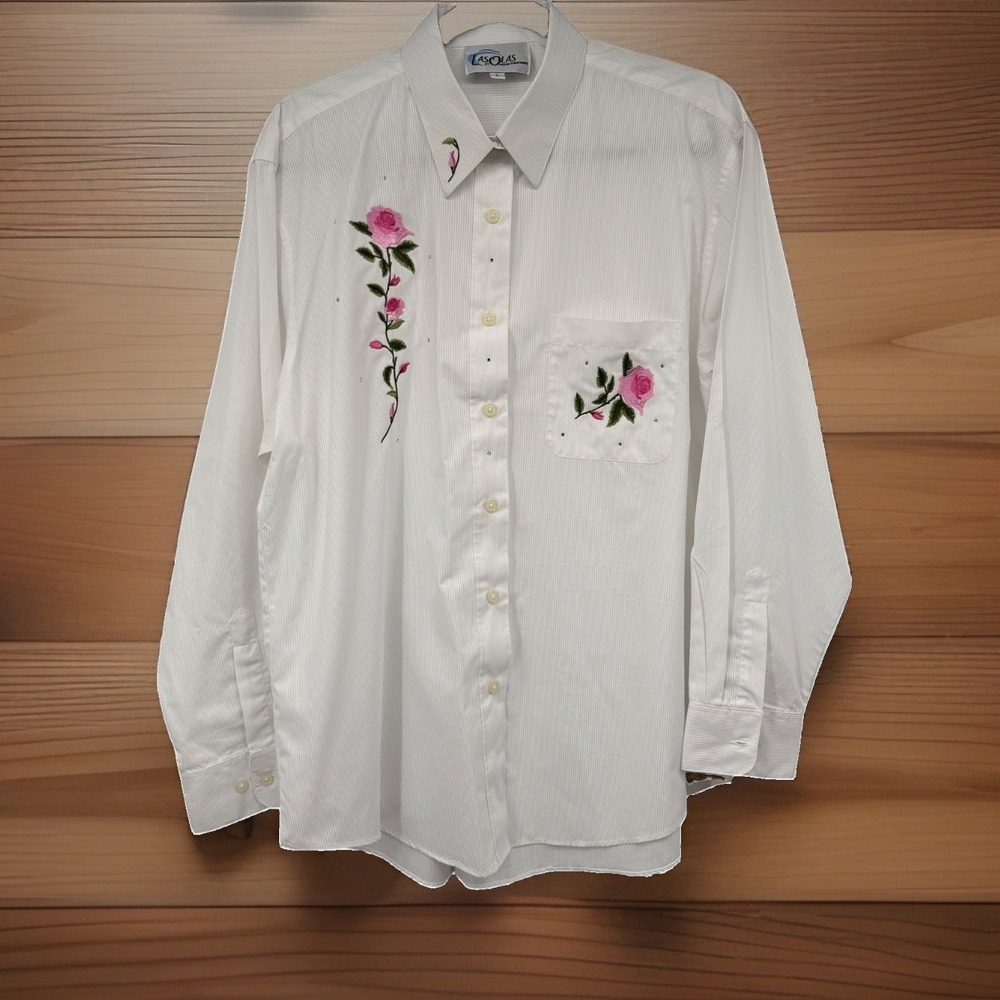 Las Olas Womens L White Stripe Button Front Shirt Embroidered Roses Rhinestones